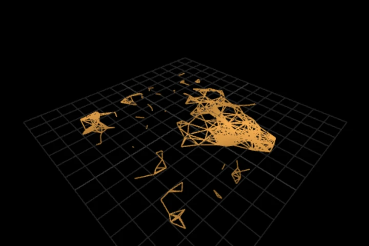 basics-connect-by-reach cooked in the editor: connect a cloud by each point's own reach — 220 points