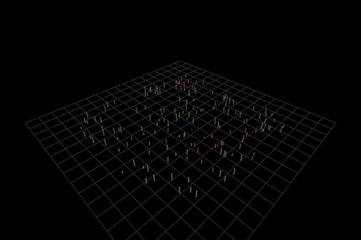 basics-gather-by-index cooked in the editor: two hundred props each pick one of five kinds, by drawing its number — 5 points, 200 instances