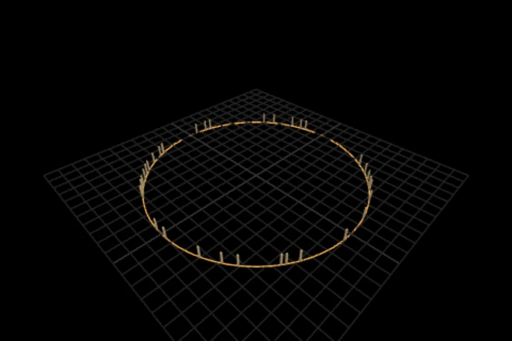 basics-scatter-along-a-path cooked in the editor: scatter a lap with as many markers as its own length asks for — 128 points, 35 instances