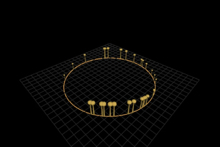 basics-stations-on-a-path cooked in the editor: read a lap's own frame and width at thirty arbitrary stations, and place markers there — 64 points, 30 instances