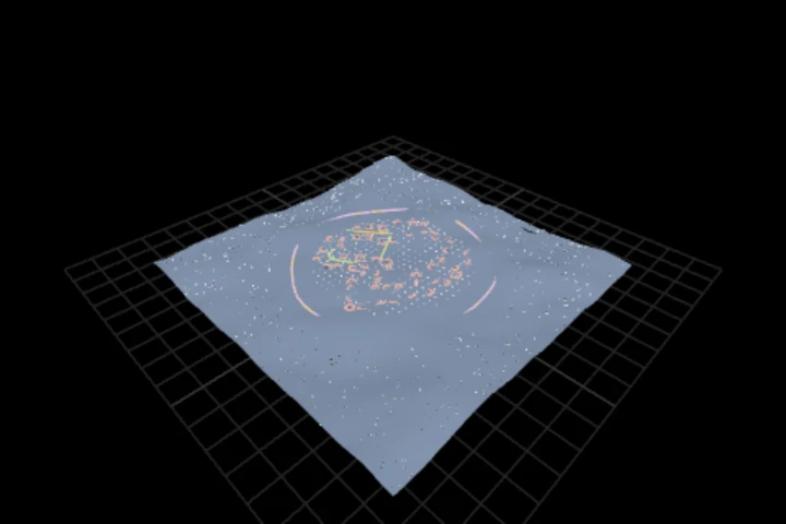 pipeline-5-roads cooked in the editor: staged pipeline 5/5 — a road network between the district centres — 1,305 points, 765 instances