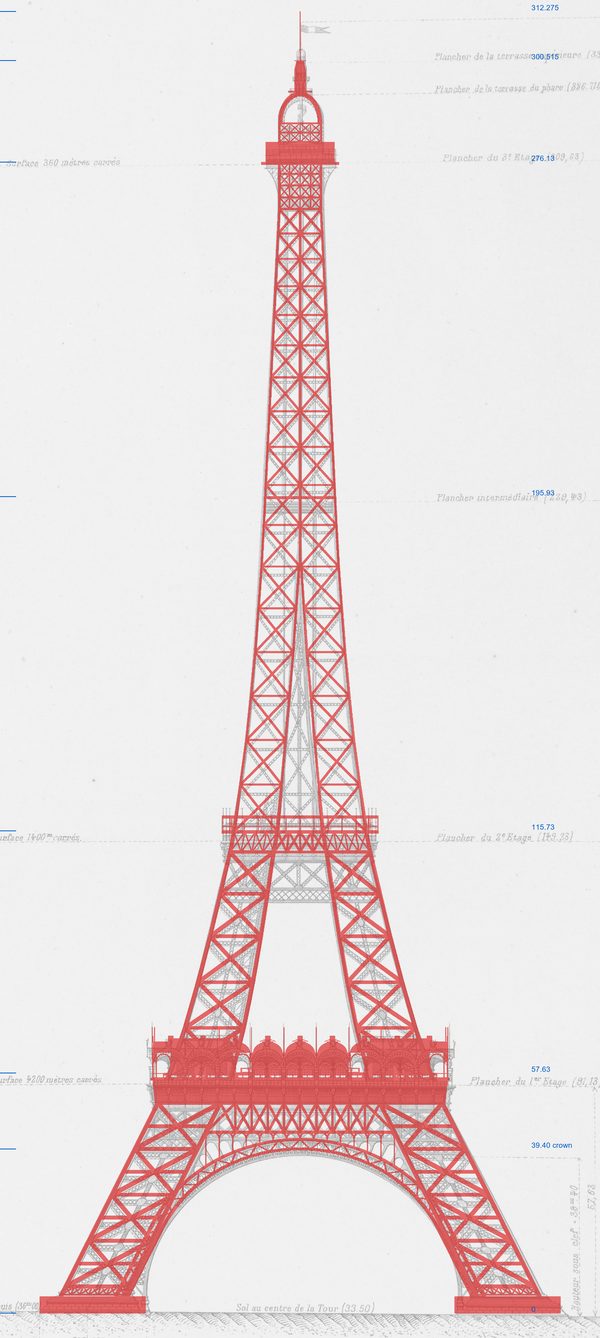 The model in red over Plate I in grey at the first audit: the second-floor band is too shallow, and the plate's grey shows through between the floors, at the arch and at the summit.