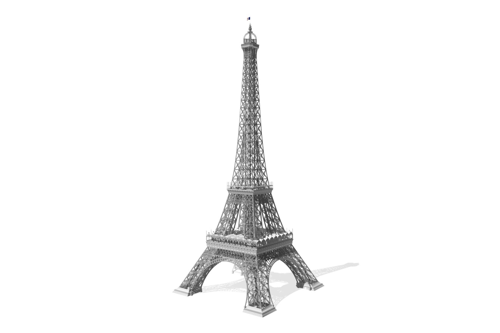 The eiffel demo at the laced depth: the whole tower in three-quarter view on four stone pedestals, drawn in grey lines and wash on white paper, its lattice shadow laid on the paper to the right.