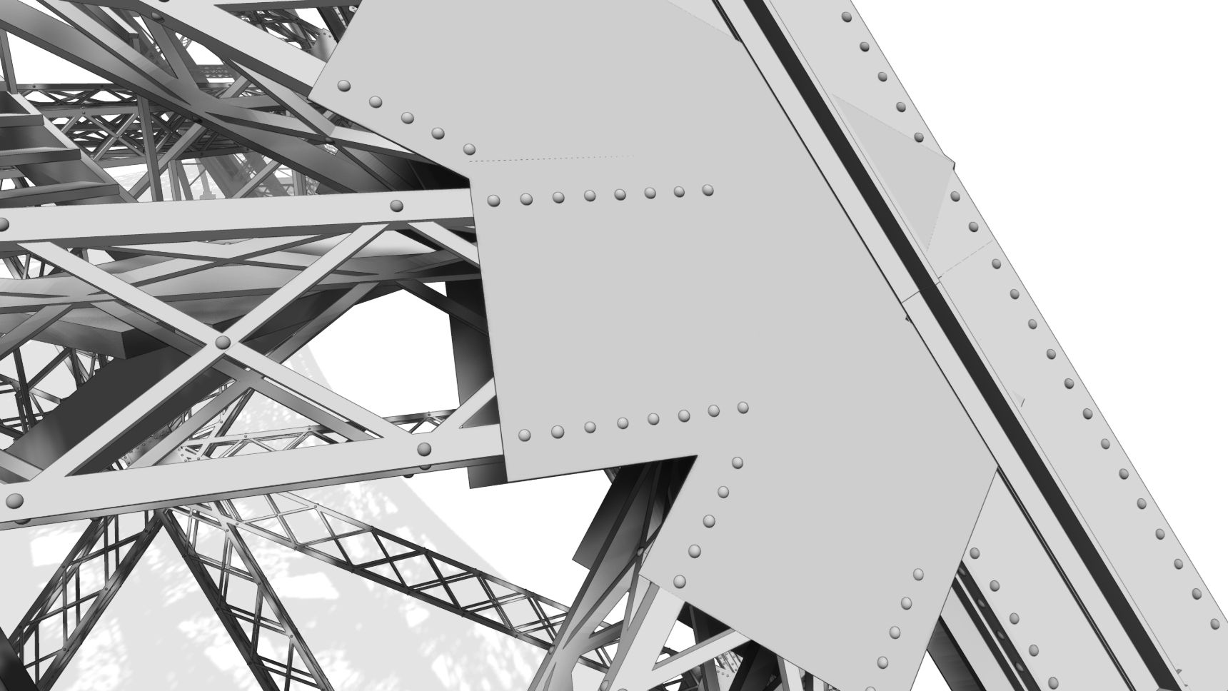 Close view of a gusset plate on a corner upright: the upright's two seam rows at 125 mm pitch, the plate's rivet rows, and a rivet at each lacing crossing on the struts.