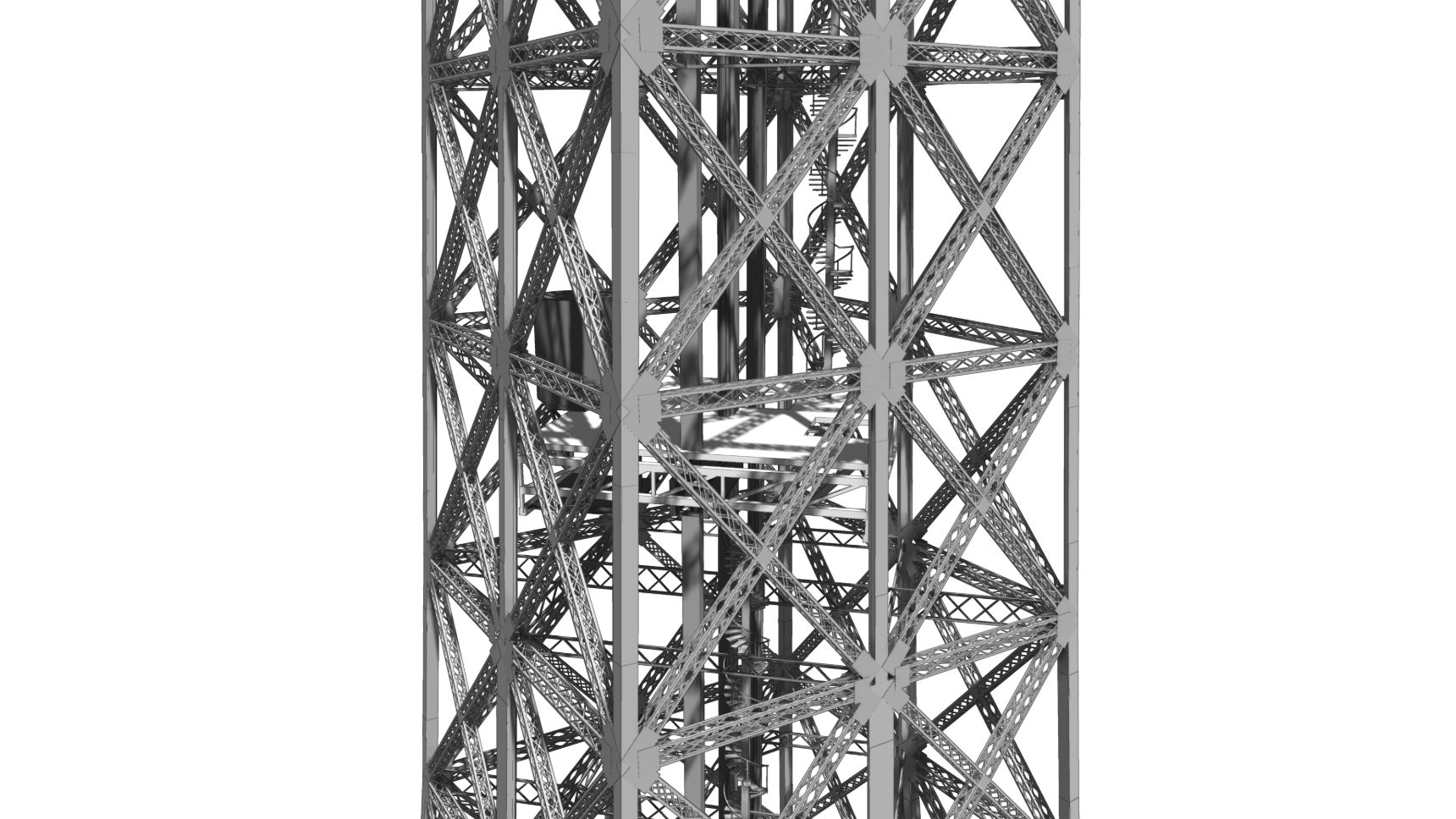 The central shaft at the intermediate landing, seen from outside: the vertical lift's guide columns rising through the X-braced shaft.