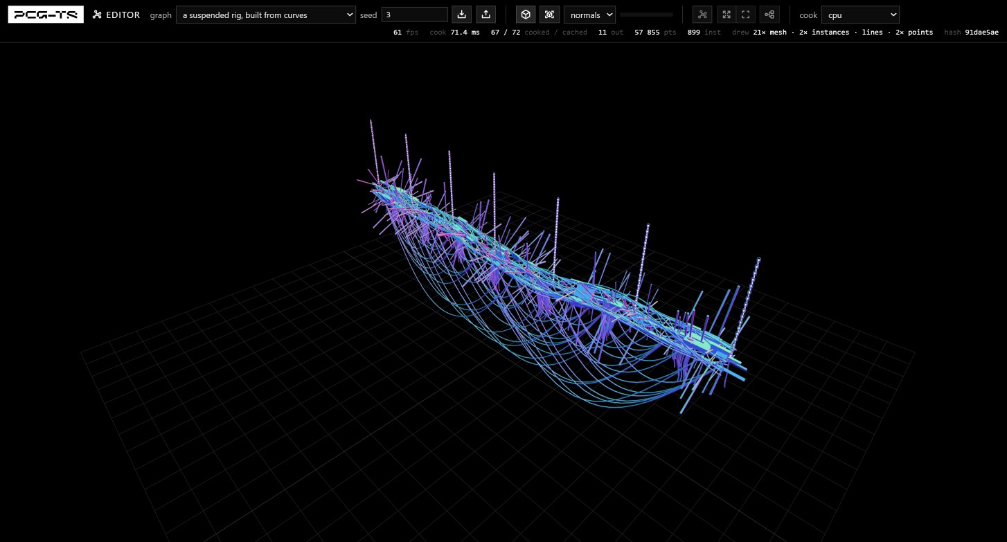 The rig graph open in the editor, shaded by surface direction over a faint ground grid and with the node overlay hidden. A long horizontal armature hangs from seven vertical chains of interlocking links: a box truss of four chords with zigzag diagonal bracing, bristling with hundreds of thin rods pointing outward in every direction, collars and boxy fixtures threaded along it, dense bundles of cables dropping straight down at intervals, and a scatter of long cables swagging beneath the whole span. The geometry reads in bands of blue, violet and pink rather than by any light.