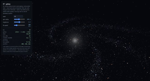 A spiral galaxy of tens of thousands of coloured star points around a bright core, with a panel showing streamed star cells.