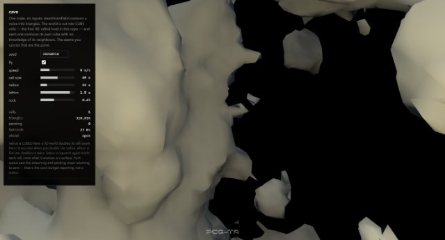 The cave demo, shown small: a warm-lit rock interior of smooth bulging walls and dark openings receding into shadow, lit from the camera. A controls-and-readout panel fills the left edge, too small at this size to read.