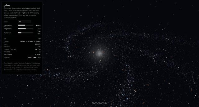 A spiral galaxy of tens of thousands of coloured star points around a bright core, with a panel showing streamed star cells.