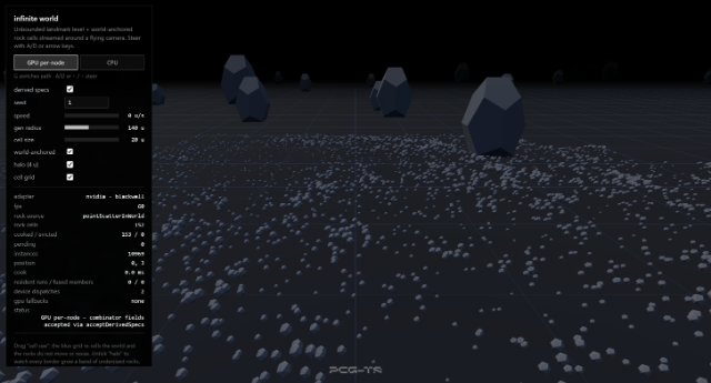 A landscape of scattered instances streaming around a moving camera, with a panel showing cooked and evicted cell counts.