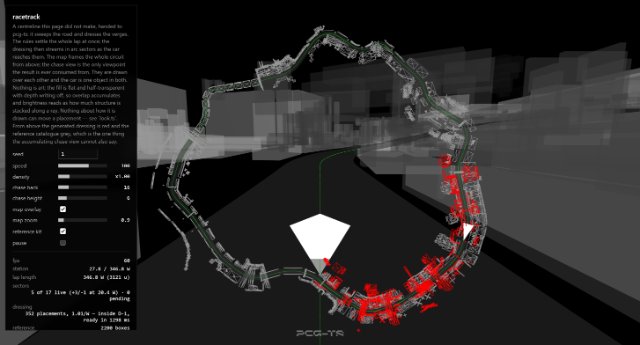 The racetrack demo, shown small: a circuit drawn as a pale ribbon seen from above, its whole lap lined on both verges with hundreds of small green wireframe boxes and spanned overhead in places, with the driven view of the road running away beneath it. A controls-and-readout panel fills the left edge, too small at this size to read.