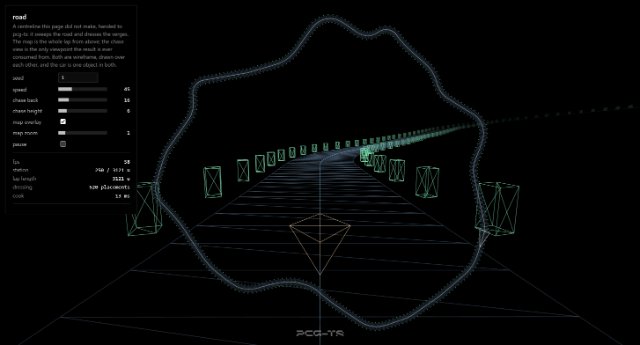 The road demo, shown small: the same circuit as the racetrack card, drawn as a pale ribbon from above with the driven view beneath it — but the verges carry one evenly spaced row of identical small boxes per side instead of varied art. A controls-and-readout panel fills the left edge, too small at this size to read.